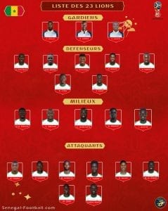 les 23 lions de Teranga pour la Coupe du Monde 2018